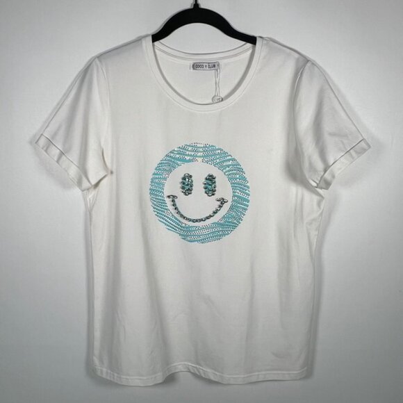 NWOT COCO Y CLUB Rhinestone Smile Crew Neck Short Sleeve T-Shirt Size M - Picture 2 of 13